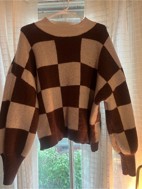 Sweaters - Cozy Checkerboard Knit Sweater - Brown & Cream